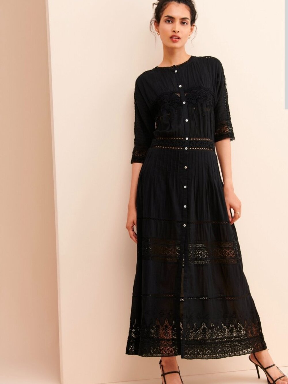 LoveShackFancy Beth Tiered Maxy Dress Sz S Black Cotton Embroidered Lace